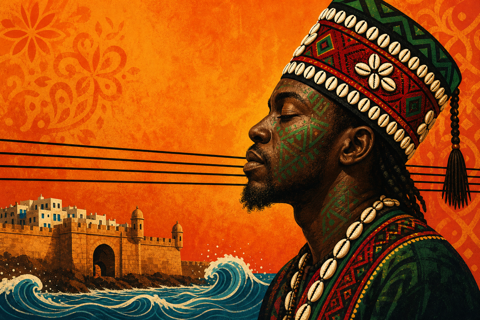 Gnaoua and World Music Festival of Essaouira—stylized Gnawa musician, guembri motif, ramparts and Atlantic waves
