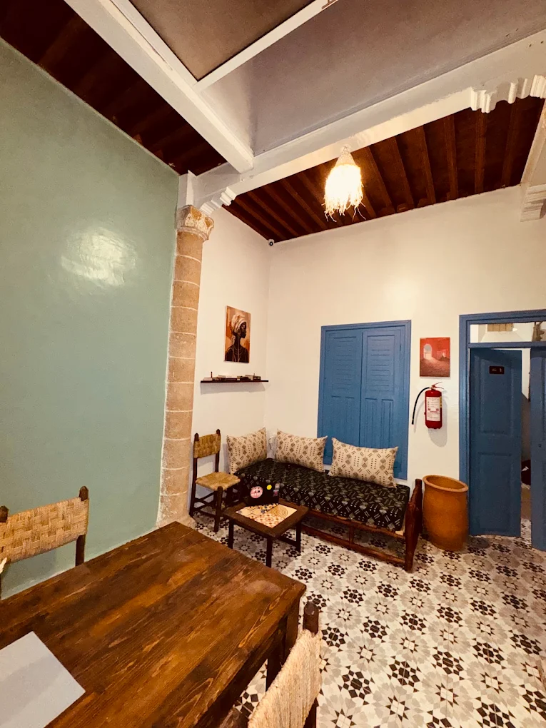 Surf camp riad common area Essaouira Morocco accommodation